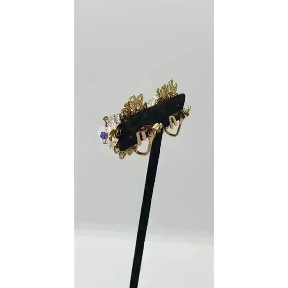 Vintage Earrings Clip Gold Filigree AB Crystal Dangle Soft Touch 1950 Fancy - Picture 4 of 9